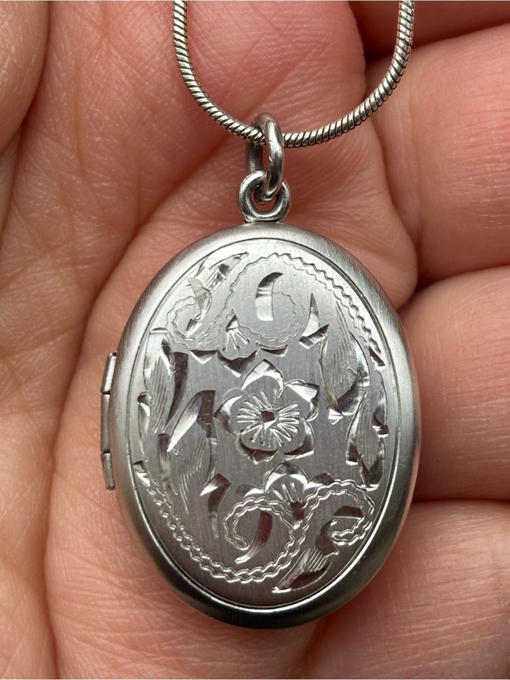 Sterling Silver Engraved Oval Locket Necklace - Silver